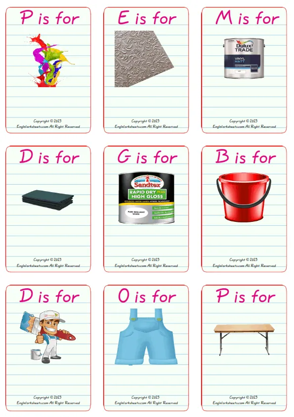 Wordless Decorating vocabulary worksheet with nine images per page