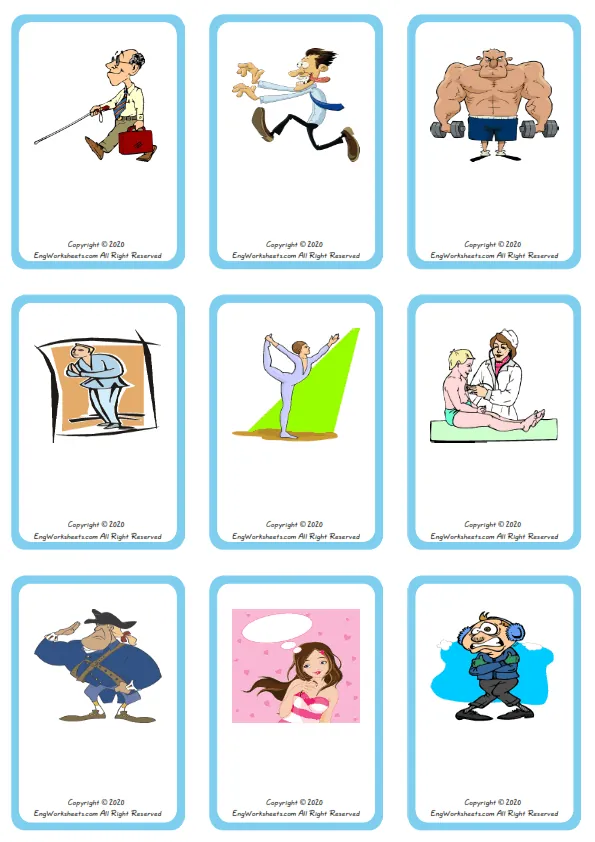 Wordless Describing People vocabulary worksheet with nine images per page