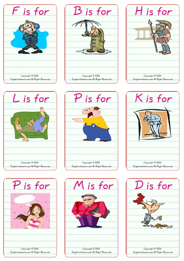 Wordless Describing People vocabulary worksheet with nine images per page