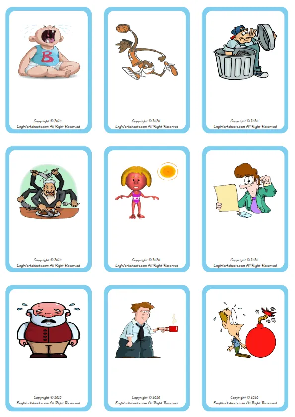Wordless Describing People vocabulary worksheet with nine images per page