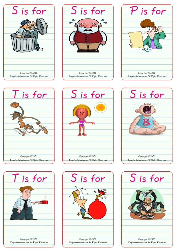 Wordless Describing People vocabulary worksheet with nine images per page