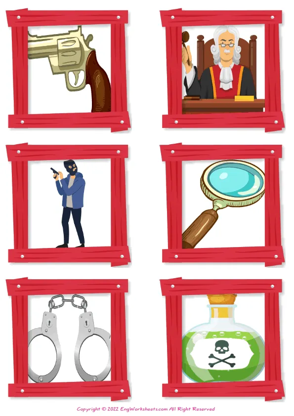 Wordless Detective Stories vocabulary worksheet with six images per page Worksheet Preview