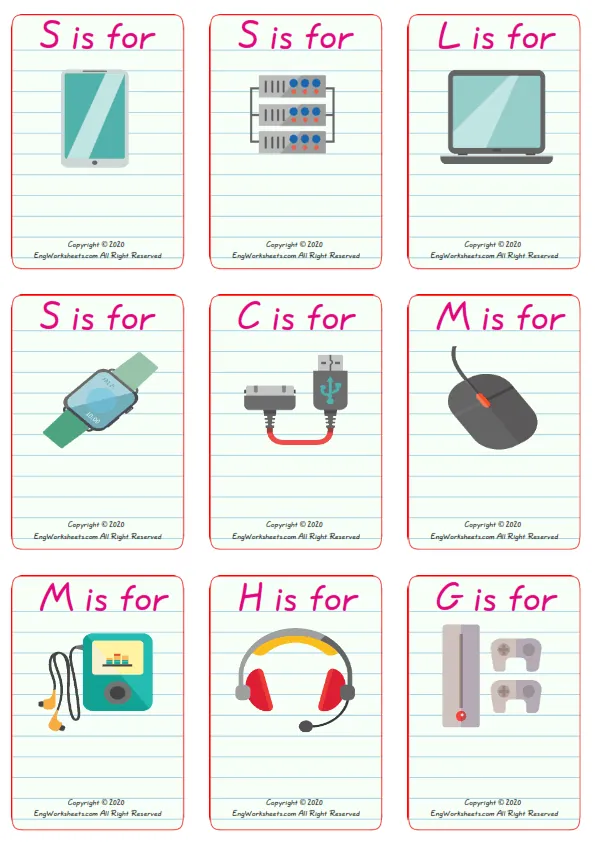 Wordless Devices vocabulary worksheet with nine images per page