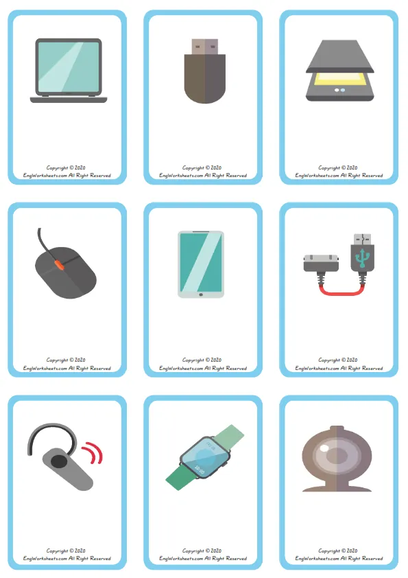 Wordless Devices vocabulary worksheet with nine images per page
