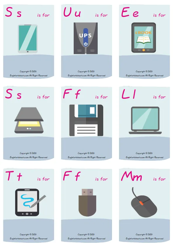 Wordless Devices vocabulary worksheet with nine images per page