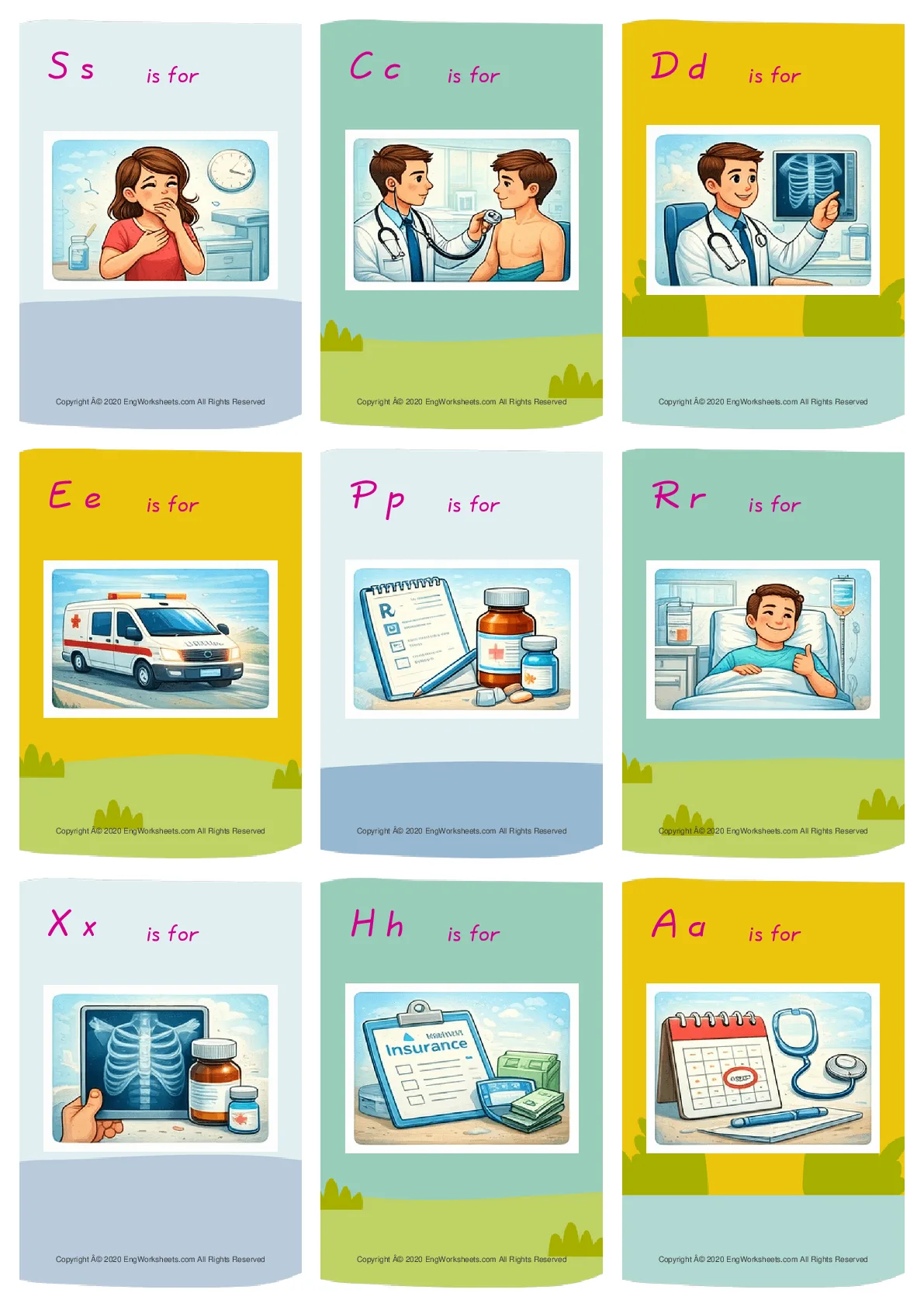 Wordless Doctor vocabulary worksheet with nine images per page