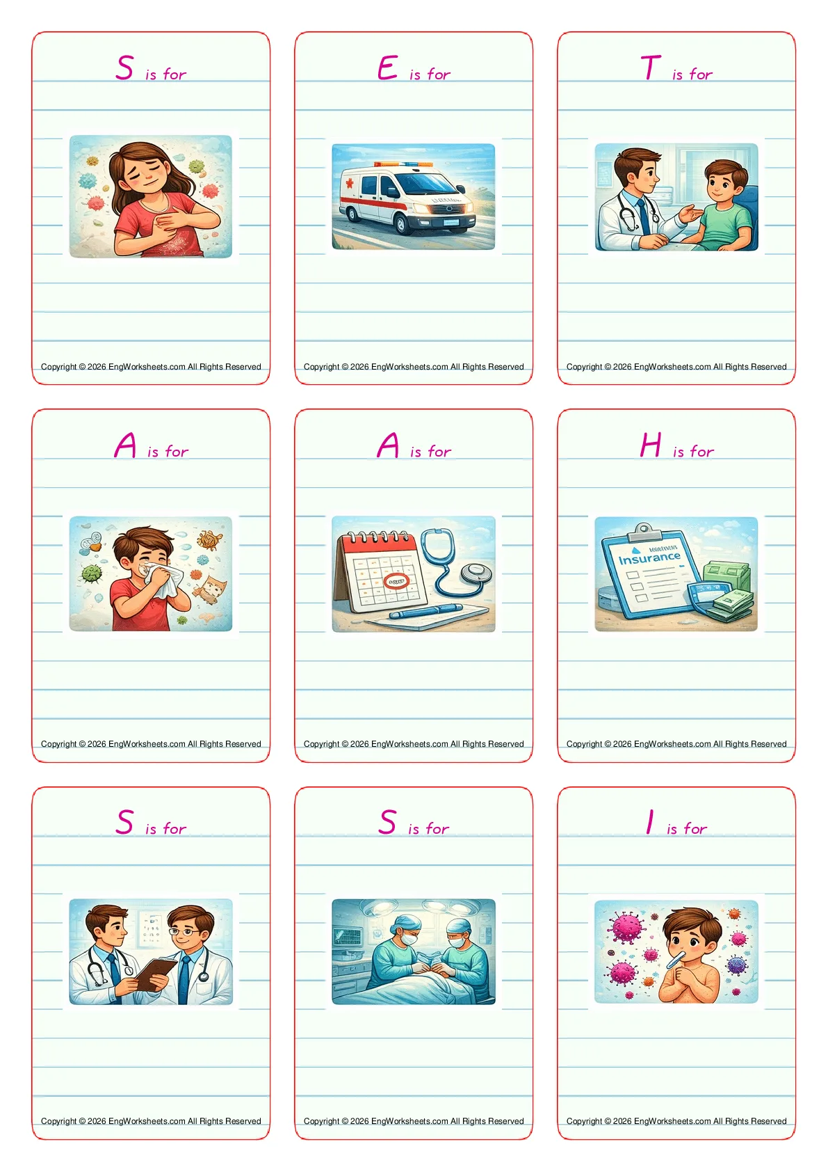 Wordless Doctor vocabulary worksheet with nine images per page