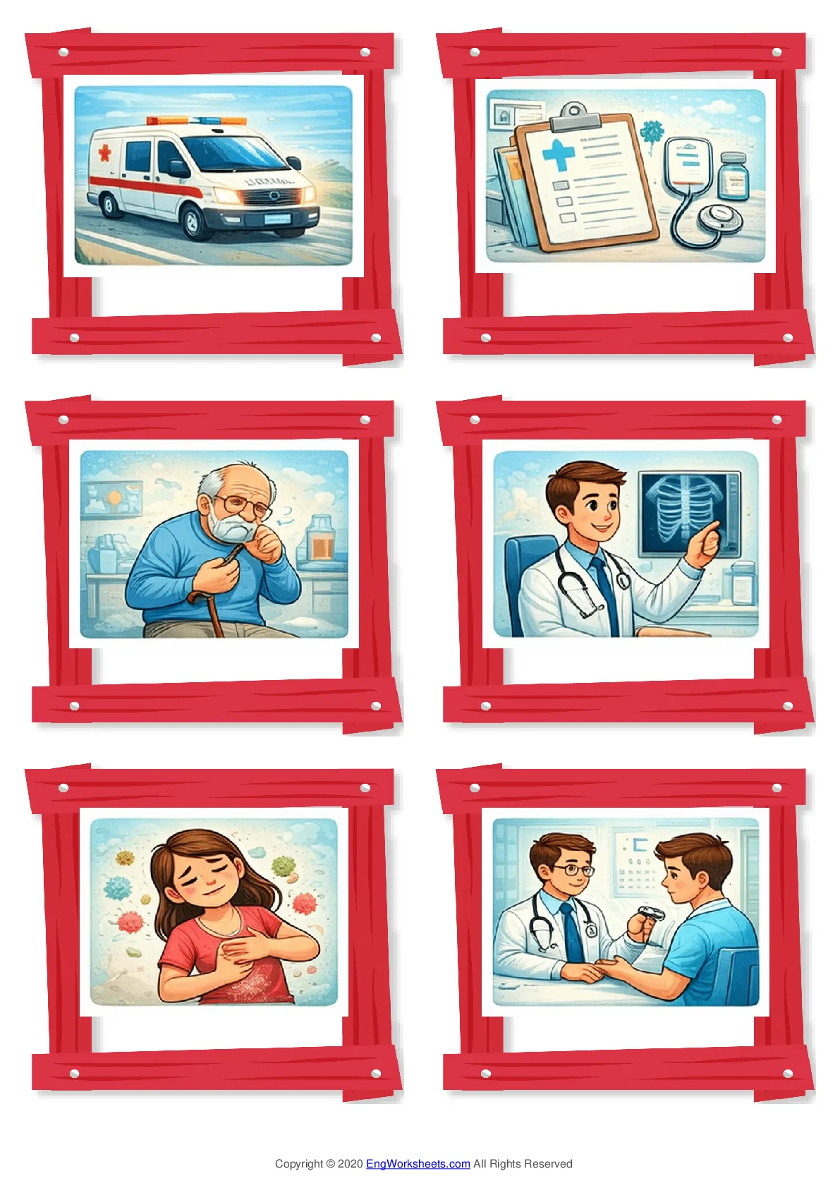 Wordless Doctor vocabulary worksheet with six images per page