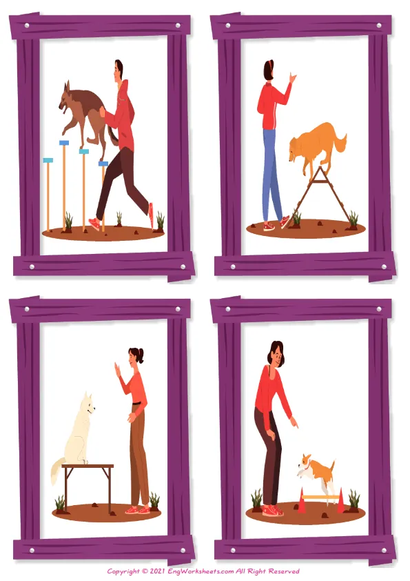 Wordless Dog Agility vocabulary worksheet with four images per page Worksheet Preview
