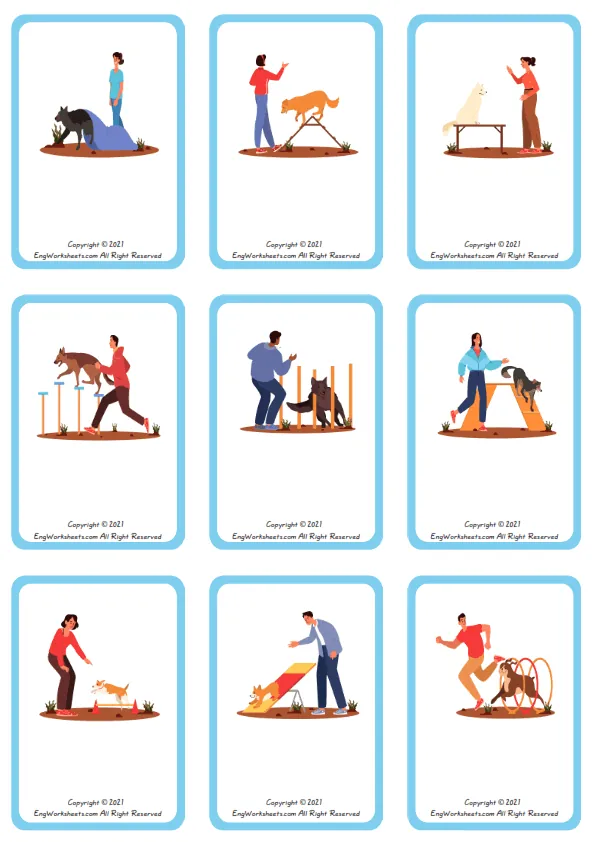 Wordless Dog Agility vocabulary worksheet with nine images per page