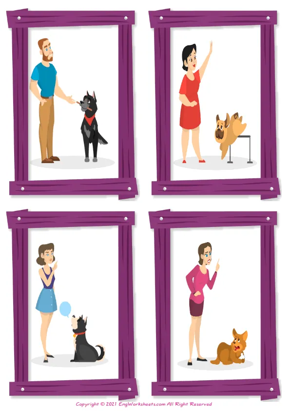 Wordless Dog Training vocabulary worksheet with four images per page