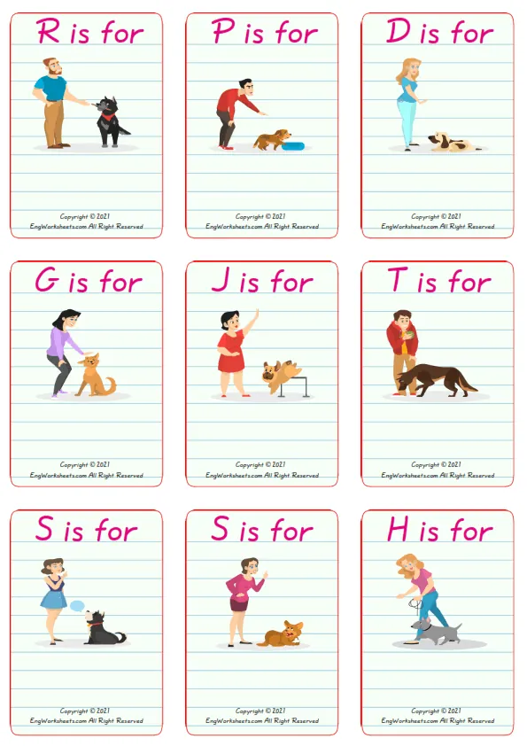 Wordless Dog Training vocabulary worksheet with nine images per page