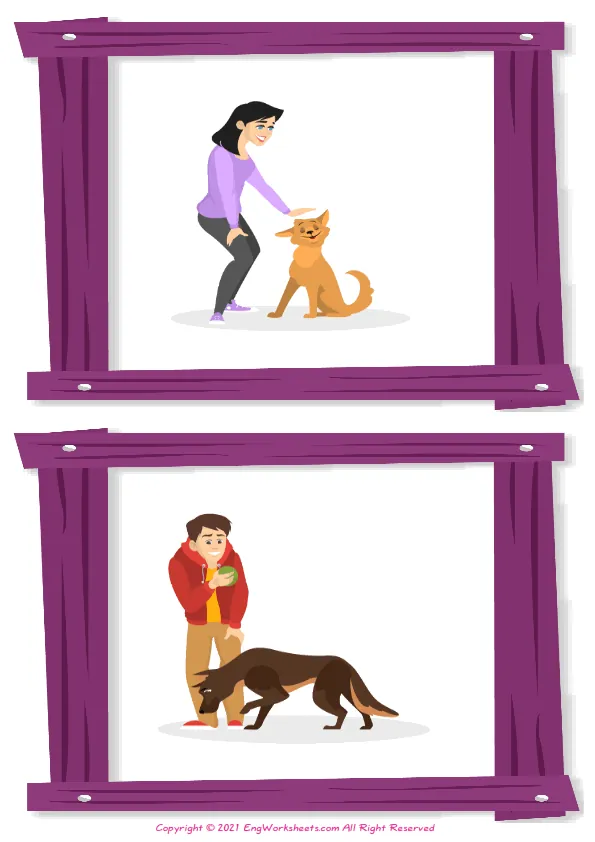 Wordless Dog Training vocabulary worksheet with two images per page