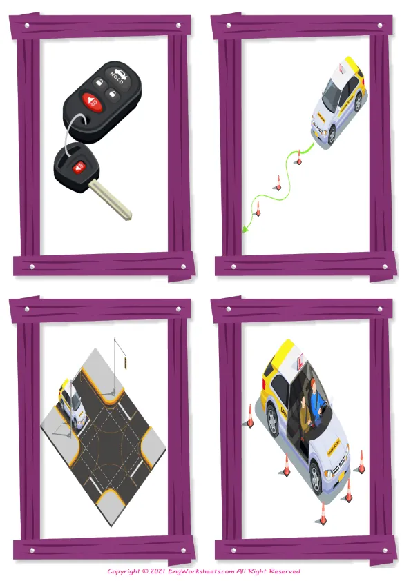 Wordless Driving School vocabulary worksheet with four images per page Worksheet Preview
