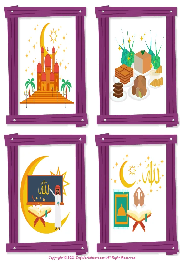 Wordless Eid and Ramadan vocabulary worksheet with four images per page
