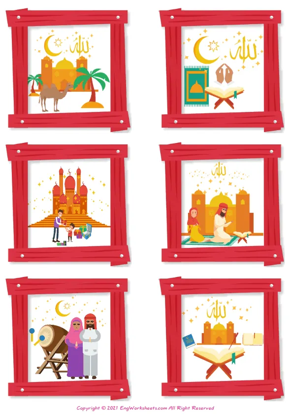 Wordless Eid and Ramadan vocabulary worksheet with six images per page Worksheet Preview