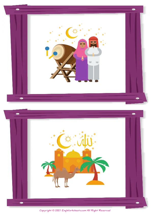 Wordless Eid and Ramadan vocabulary worksheet with two images per page