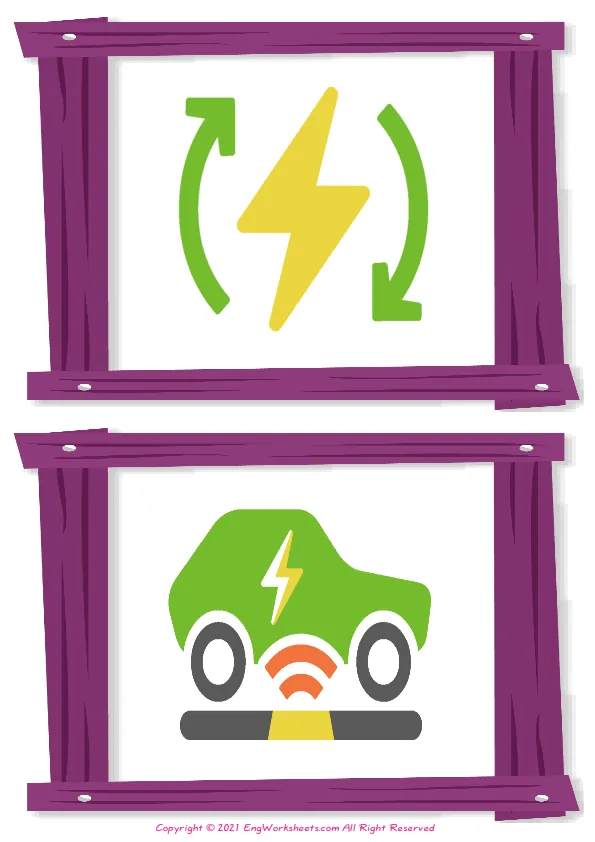 Wordless Electric Vehicle vocabulary worksheet with two images per page Worksheet Preview
