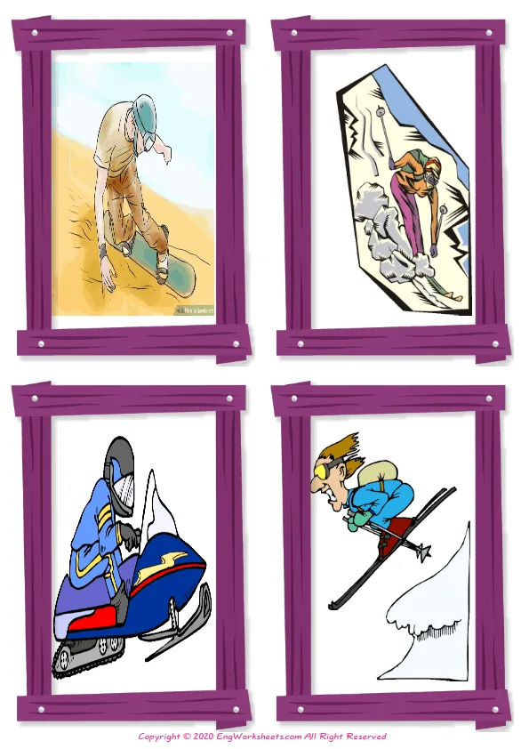 Wordless Extreme Sports Land vocabulary worksheet with four images per page
