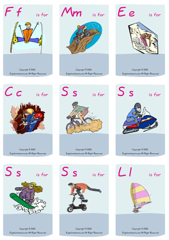 Wordless Extreme Sports Land vocabulary worksheet with nine images per page