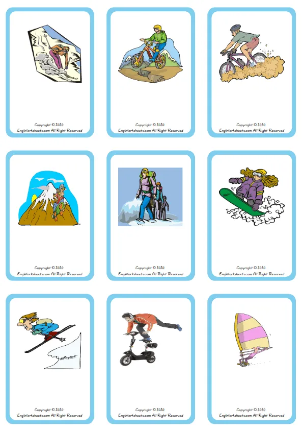 Wordless Extreme Sports Land vocabulary worksheet with nine images per page
