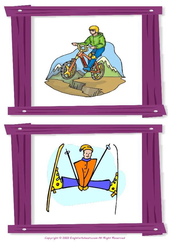 Wordless Extreme Sports Land vocabulary worksheet with two images per page