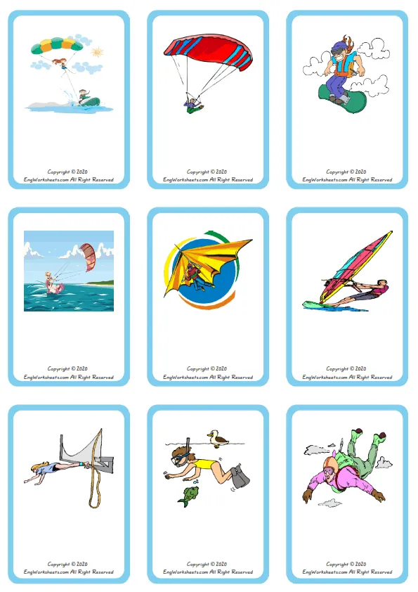 Wordless Extreme Sports Water Air vocabulary worksheet with nine images per page
