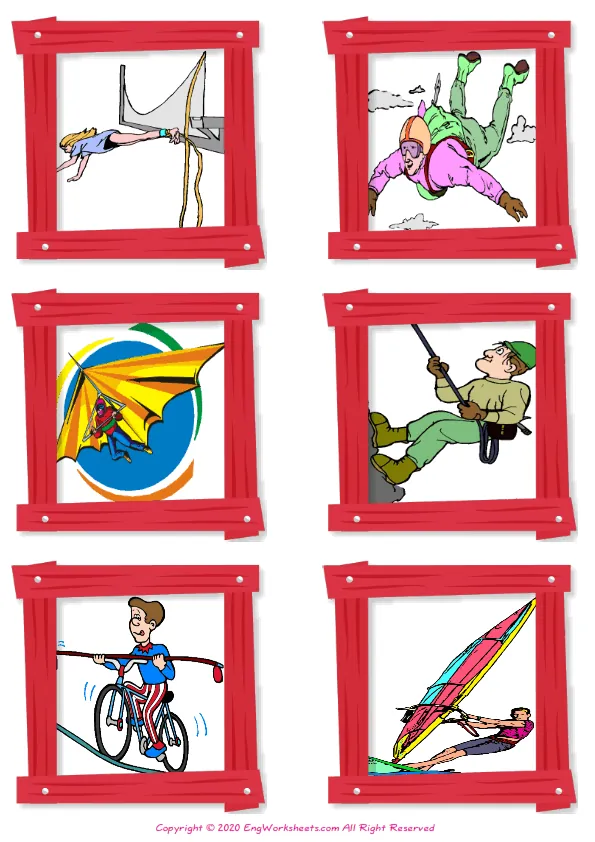 Wordless Extreme Sports Water Air vocabulary worksheet with six images per page Worksheet Preview