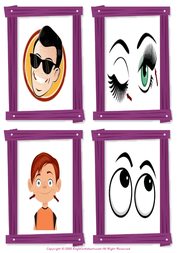 Wordless Face Parts vocabulary worksheet with four images per page Worksheet Preview