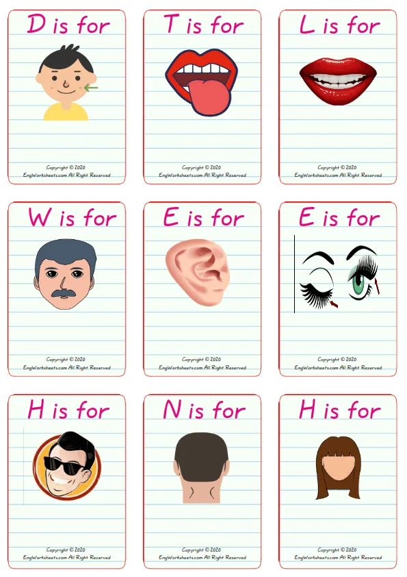 Wordless Face Parts vocabulary worksheet with nine images per page Worksheet Preview