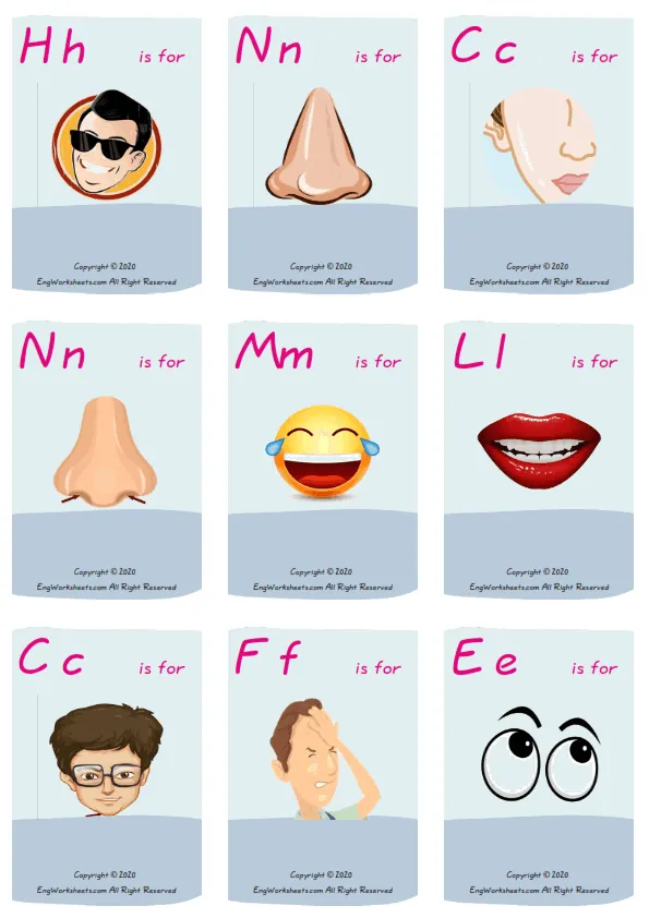 Wordless Face Parts vocabulary worksheet with nine images per page Worksheet Preview