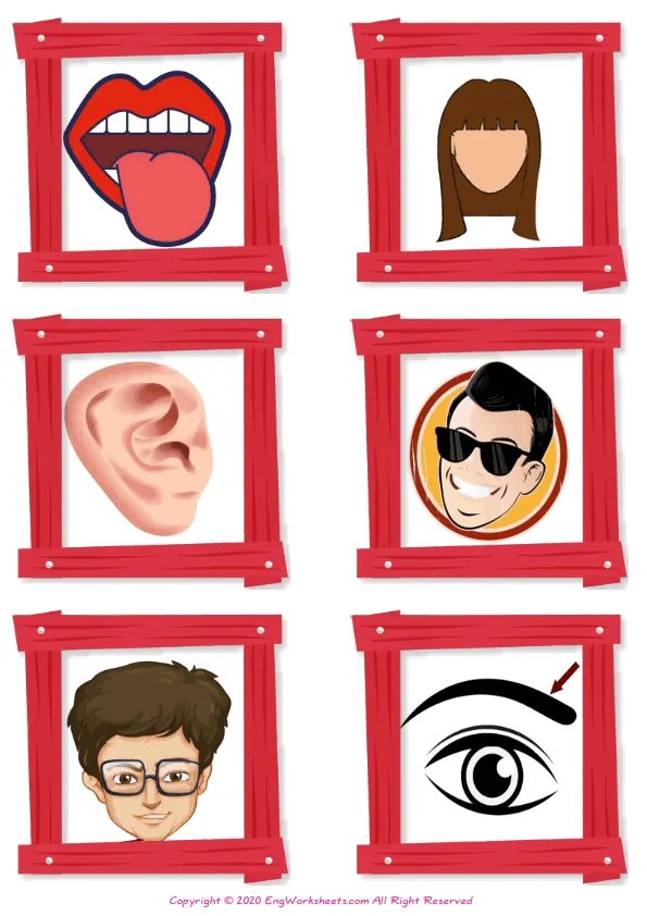 Wordless Face Parts vocabulary worksheet with six images per page Worksheet Preview