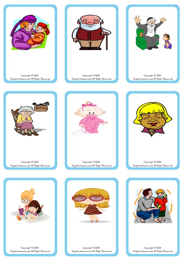 Wordless Family Member vocabulary worksheet with nine images per page