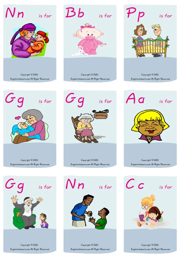 Wordless Family Member vocabulary worksheet with nine images per page