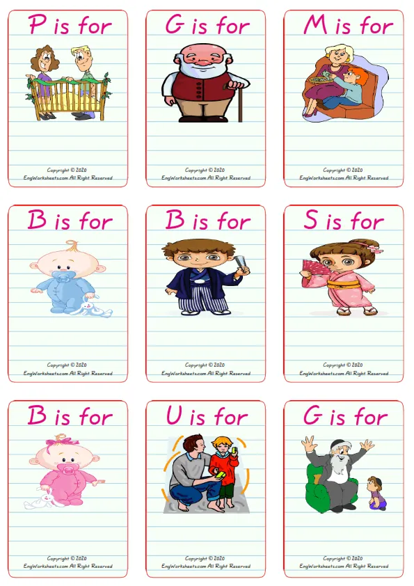 Wordless Family Member vocabulary worksheet with nine images per page