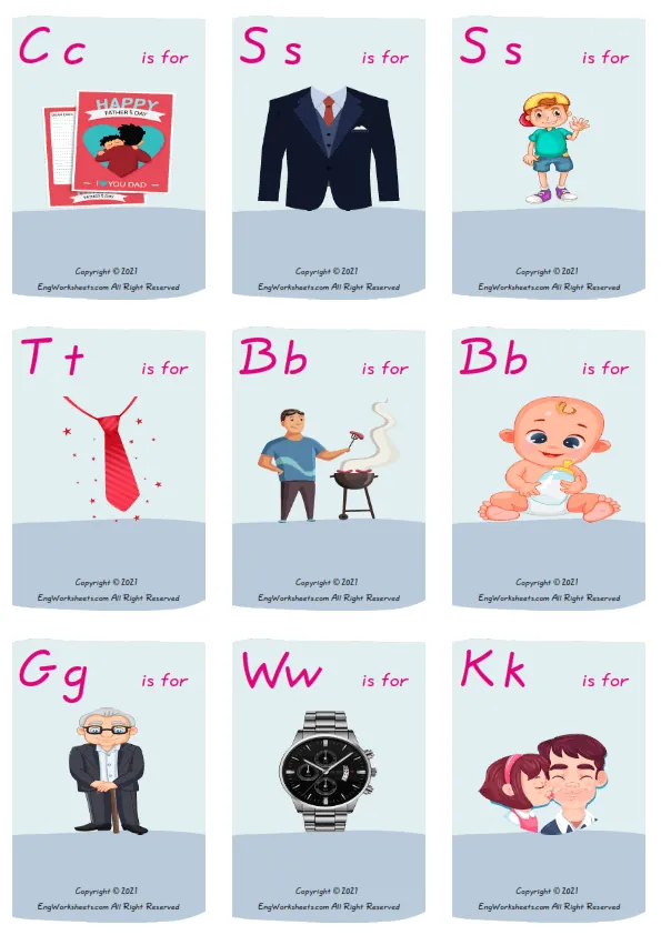 Wordless Father's Day vocabulary worksheet with nine images per page Worksheet Preview