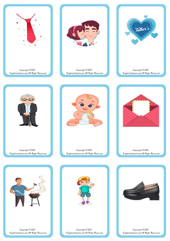Wordless Father's Day vocabulary worksheet with nine images per page Worksheet Preview