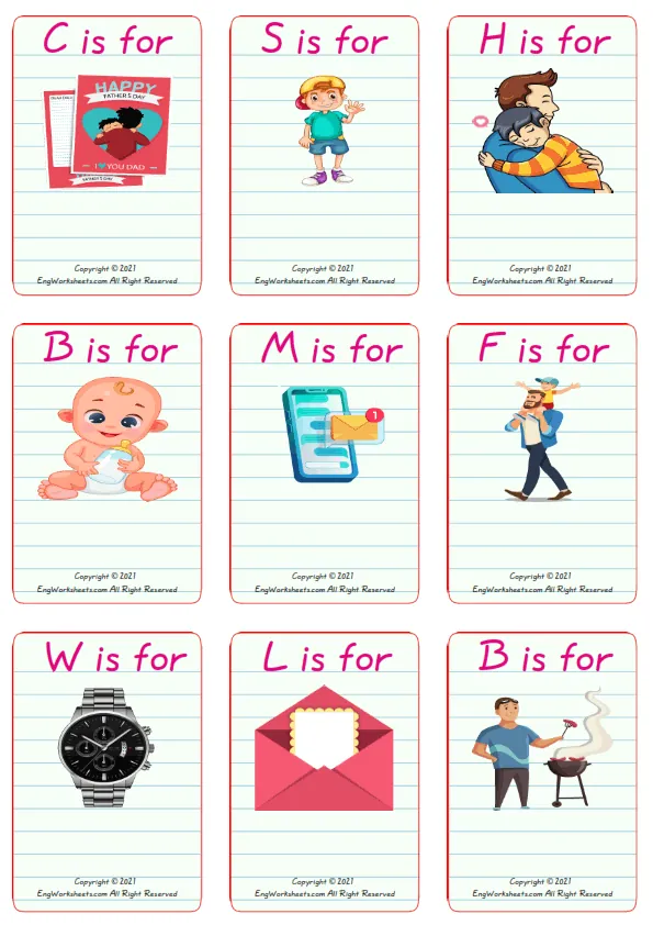 Wordless Father's Day vocabulary worksheet with nine images per page Worksheet Preview