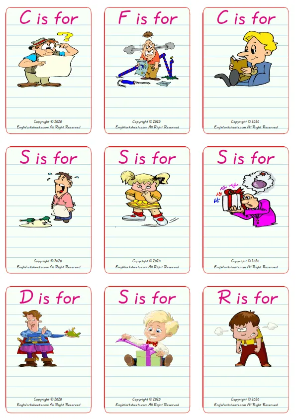 Wordless Feelings And Emotions vocabulary worksheet with nine images per page Worksheet Preview