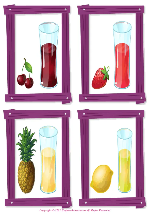 Wordless Fruit Juice vocabulary worksheet with four images per page
