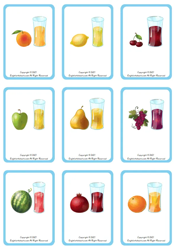 Wordless Fruit Juice vocabulary worksheet with nine images per page