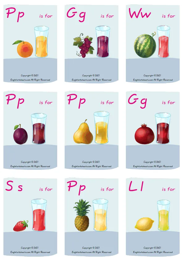 Wordless Fruit Juice vocabulary worksheet with nine images per page