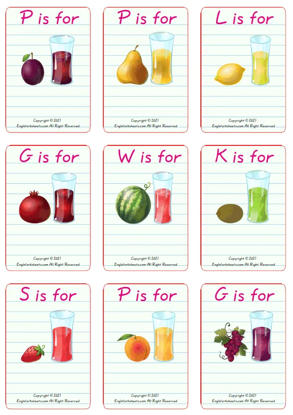 Wordless Fruit Juice vocabulary worksheet with nine images per page