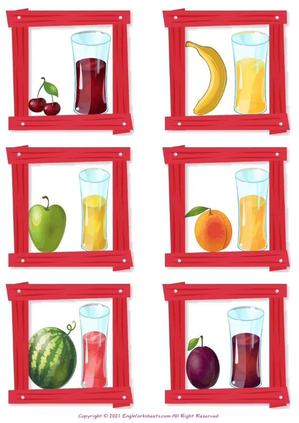 Wordless Fruit Juice vocabulary worksheet with six images per page