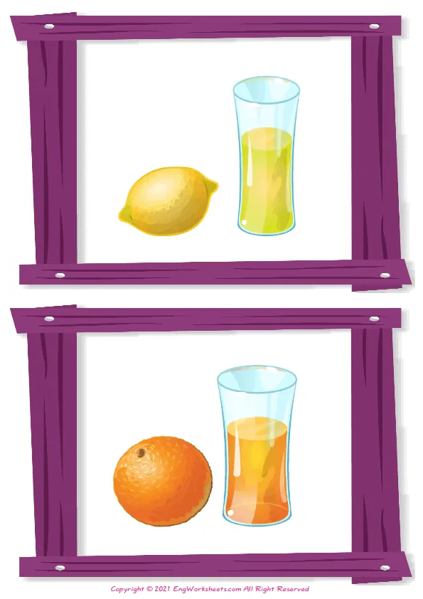 Wordless Fruit Juice vocabulary worksheet with two images per page