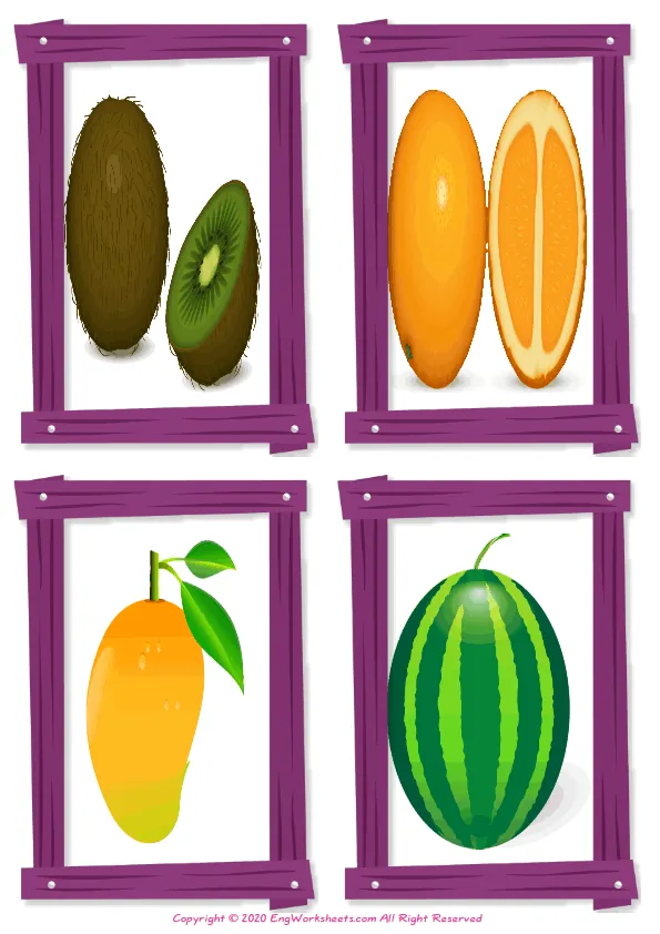 Wordless Fruits vocabulary worksheet with four images per page