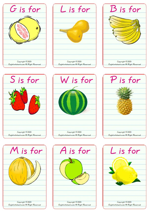 Wordless Fruits vocabulary worksheet with nine images per page