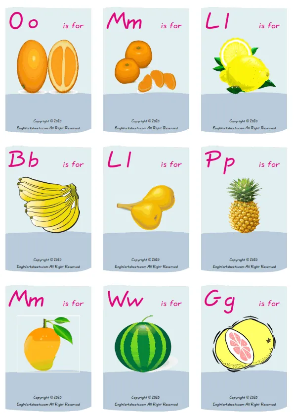Wordless Fruits vocabulary worksheet with nine images per page