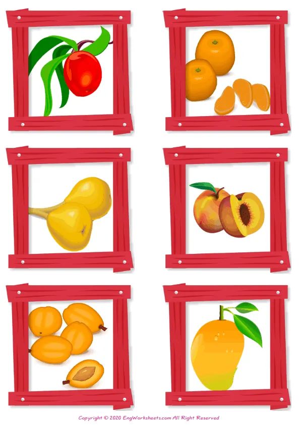Wordless Fruits vocabulary worksheet with six images per page