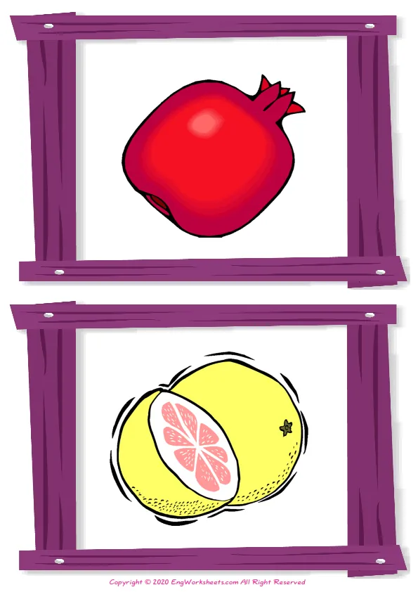 Wordless Fruits vocabulary worksheet with two images per page